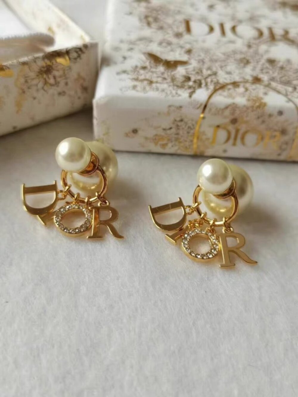Christian Dior Tribales Crystal Drop Charms and Pearls Gold Tone Stud Earrings